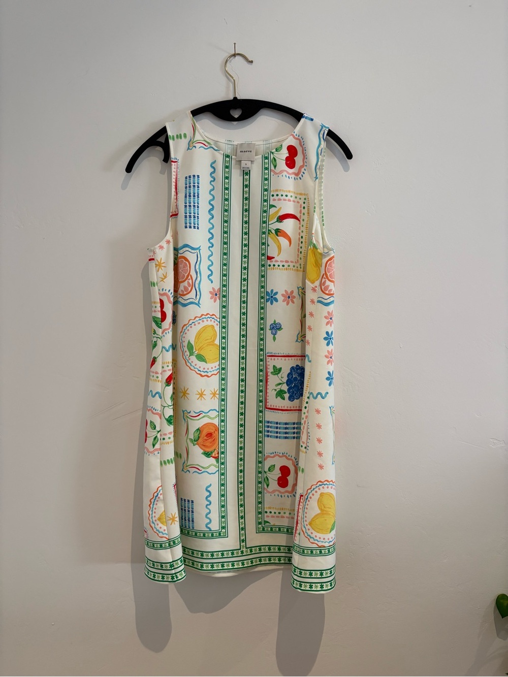 Maeve White Shift Dress with Green Stripe and Multicolor Floral Print